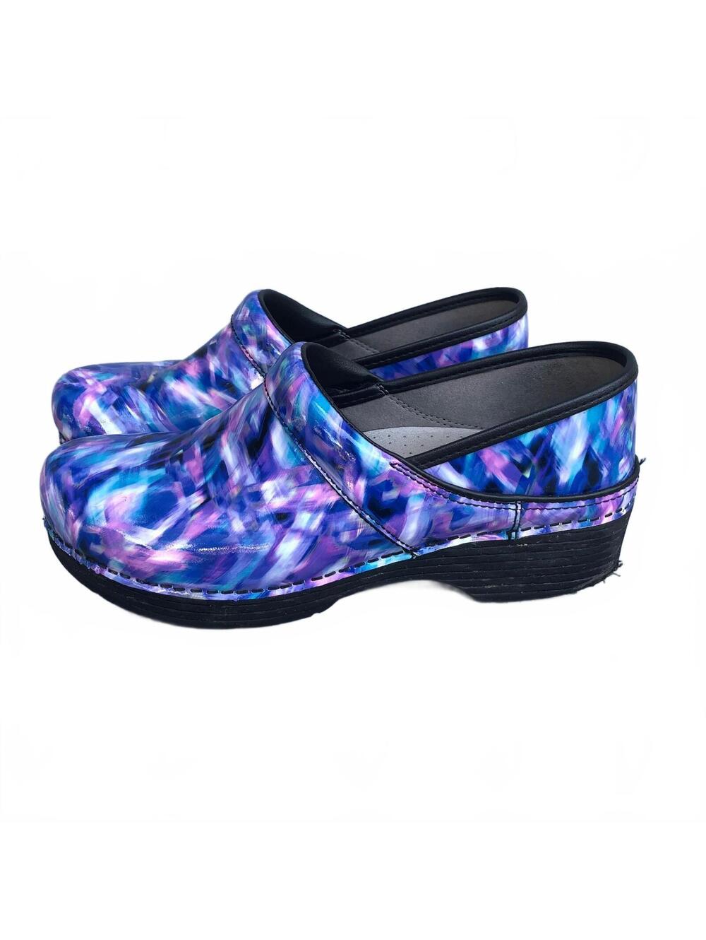 Dansko LT Pro Clogs Blue Crush Glossy Blue & Purple Abstract Size 41